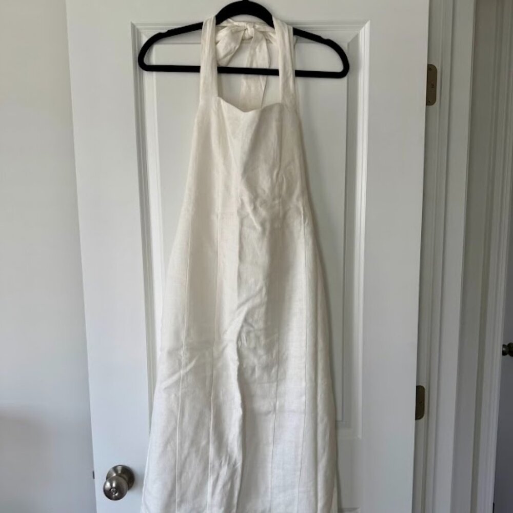 DISSH Women's Linen White Halter Long Dress with Back Slit and Bow Neck Tie